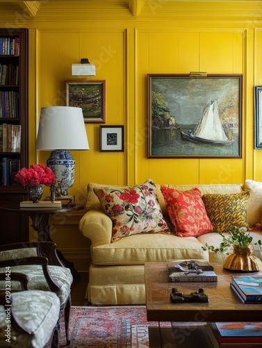 A yellow living room with furniture and a painting