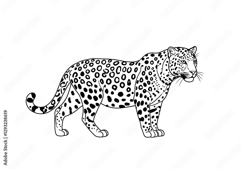 Fototapeta premium Leopard Illustration in Black and White Line Art Style Isolated