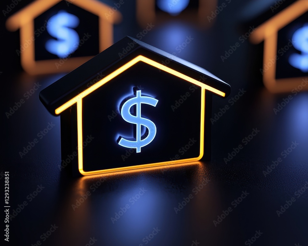 Illuminated house icon with a dollar sign representing real estate investment. Illuminated house icon with a dollar sign representing real estate investment.