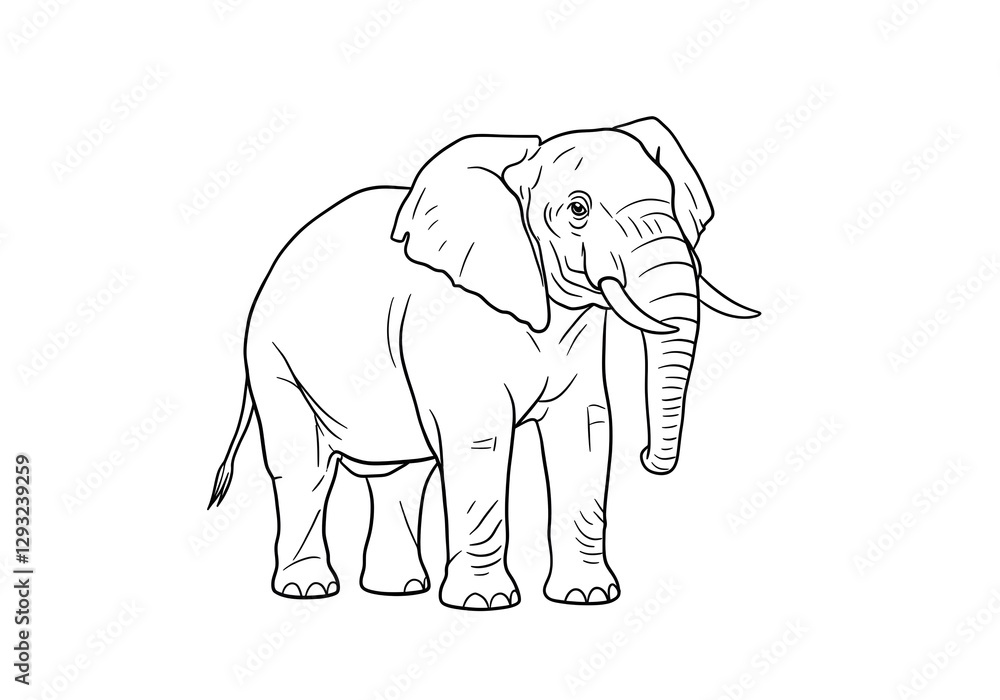 Fototapeta premium Elephant Illustration Standing Black and White Line Art on White