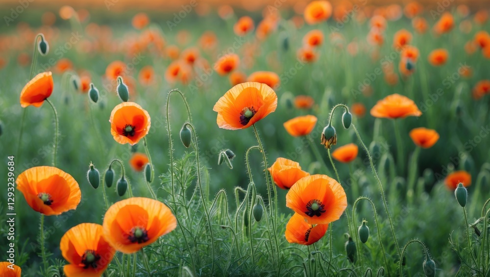 Obraz premium Vibrant Summer Meadow Filled with Lush Orange Poppies Under Soft Natural Light