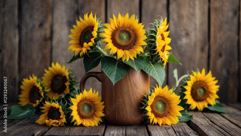 Obraz premium Sunflowers arranged in a wooden mug on a rustic wooden background showcasing vibrant colors and natural beauty.