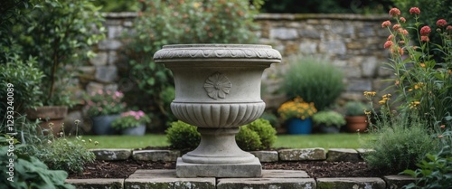 Stone garden urn surrounded by lush greenery and vibrant flowers with space for text or branding in a serene outdoor setting. photo