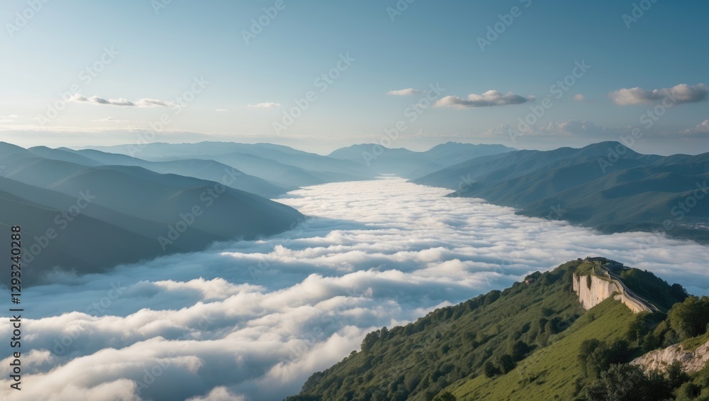 Obraz premium Serene Morning Landscape with Sea of Clouds Over Mountain Ridges and Lush Green Hills Ideal for Text Overlay and Nature Inspired Themes