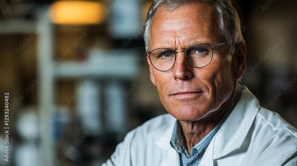 Senior researcher in lab coat, focused and thoughtful, embodying dedication to scientific discovery. Senior researcher in lab coat, focused and thoughtful, embodying dedication to scientific discovery.