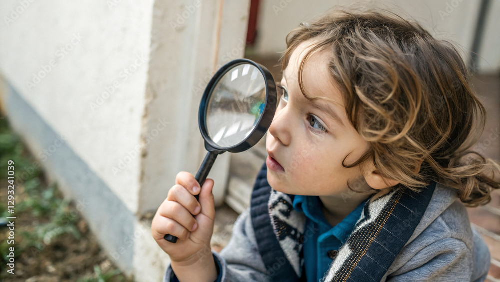 a boy is playing with a magnifying glass a boy is playing with a magnifying glass