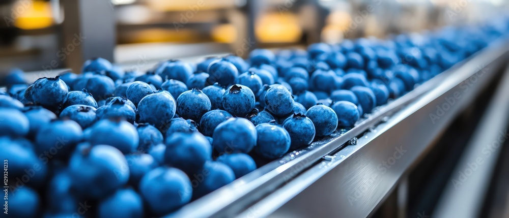 Fototapeta premium Blueberries on a production line, vibrant colors, cool industrial lighting, clean and orderly processing facility