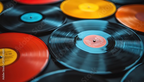 Closeup of vintage vinyl records with colorful labels on display photo