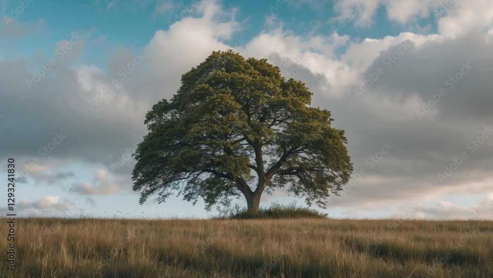 Majestic solitary tree on a lush grassland under a dramatic sky with clouds, embodying tranquility and natural beauty in a serene landscape. Majestic solitary tree on a lush grassland under a dramatic sky with clouds, embodying tranquility and natural beauty in a serene landscape.
