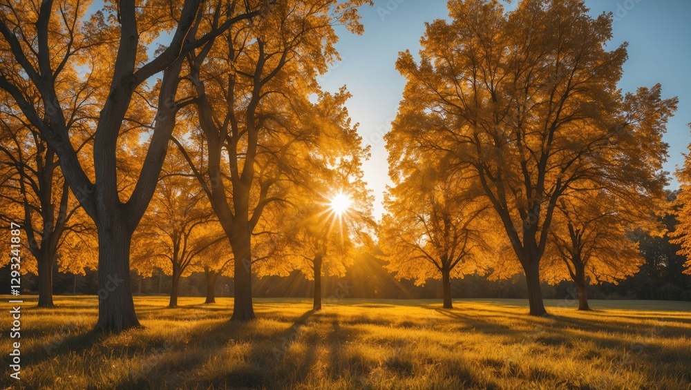 Golden Autumn Trees Bathed in Warm Sunlight with Glowing Sunbeam Through Leaves in Serene Nature Landscape Golden Autumn Trees Bathed in Warm Sunlight with Glowing Sunbeam Through Leaves in Serene Nature Landscape