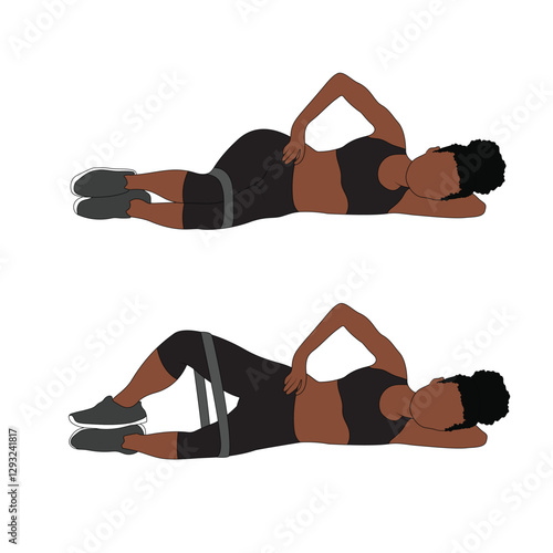 A Black African woman in black clothing doing clamshells with resistance band exercise. Flat vector illustration isolated on white background. 