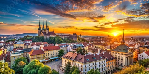 Panoramic Brno Cityscape View from Hilltop at Sunset - Czech Republic