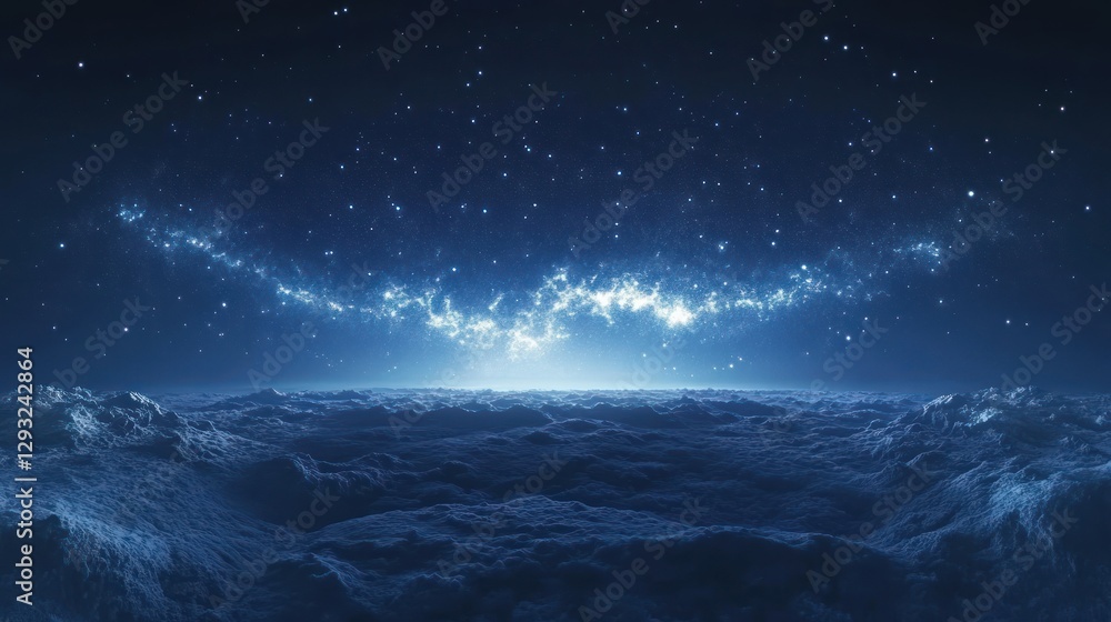 Fototapeta premium Alien planet sunrise, starry sky, cloudscape, fantasy landscape, science fiction