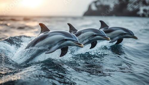 Group of dolphins leaping in unison out of the ocean, captured midair, dynamic and lively photo