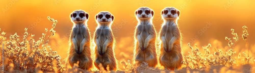 Fototapeta premium Group of meerkats standing on alert at sunset, warm, golden light
