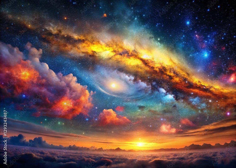 Naklejka premium Panoramic Cosmos: Vibrant Nebulae, Starry Galaxy Beyond Milky Way