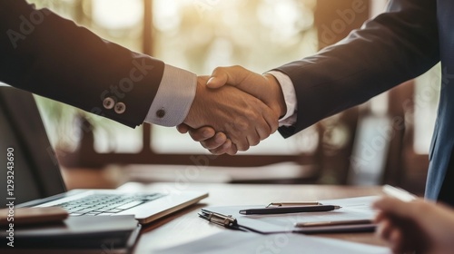 Two business people shake hands, agreeing on a partnership. A laptop and documents are nearby. They discuss their business while meeting.
