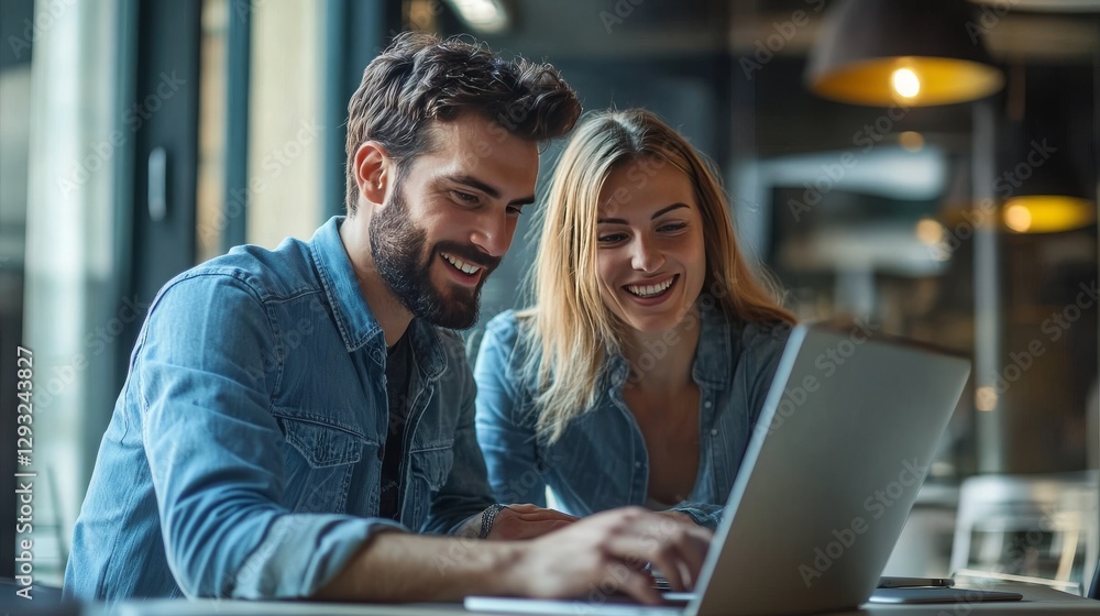 Two coworkers, a man and a woman, collaborate on a laptop. They're focused and smiling in a modern office setting. Two coworkers, a man and a woman, collaborate on a laptop. They're focused and smiling in a modern office setting.
