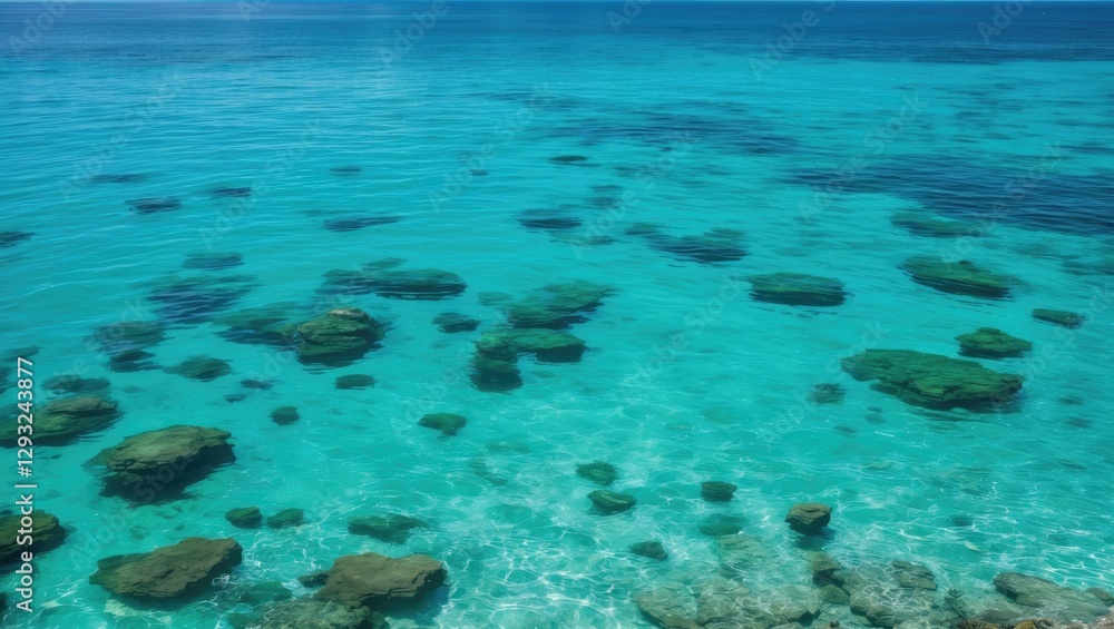 Serene turquoise sea with clear water and visible rocks perfect for swimming and snorkeling in a tropical paradise. Serene turquoise sea with clear water and visible rocks perfect for swimming and snorkeling in a tropical paradise.