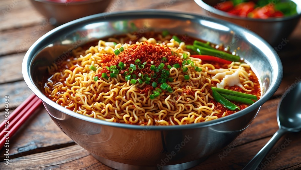 Delicious spicy instant noodles garnished with green onions served in a stainless steel bowl on a rustic wooden table setting. Delicious spicy instant noodles garnished with green onions served in a stainless steel bowl on a rustic wooden table setting.
