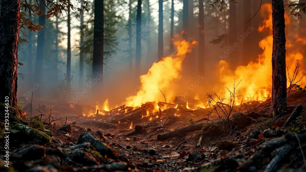 Inferno in the Woods: A wildfire rages through a dense forest, with towering flames consuming trees and undergrowth, thick smoke fills the air, casting an eerie glow on the surroundings. Inferno in the Woods: A wildfire rages through a dense forest, with towering flames consuming trees and undergrowth, thick smoke fills the air, casting an eerie glow on the surroundings.