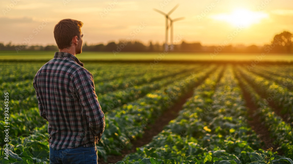 Fototapeta premium Man Admiring Wind Turbines in a Rural Landscape