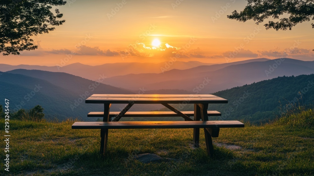 Wooden picnic table on grassy hilltop overlooking mountains at sunset, vibrant colors. Outdoor leisure and tranquility concept Wooden picnic table on grassy hilltop overlooking mountains at sunset, vibrant colors. Outdoor leisure and tranquility concept