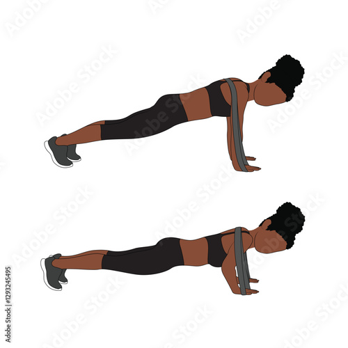 A Black African woman in black clothing doing push ups with resistance bands exercise. Flat vector illustration isolated on white background	