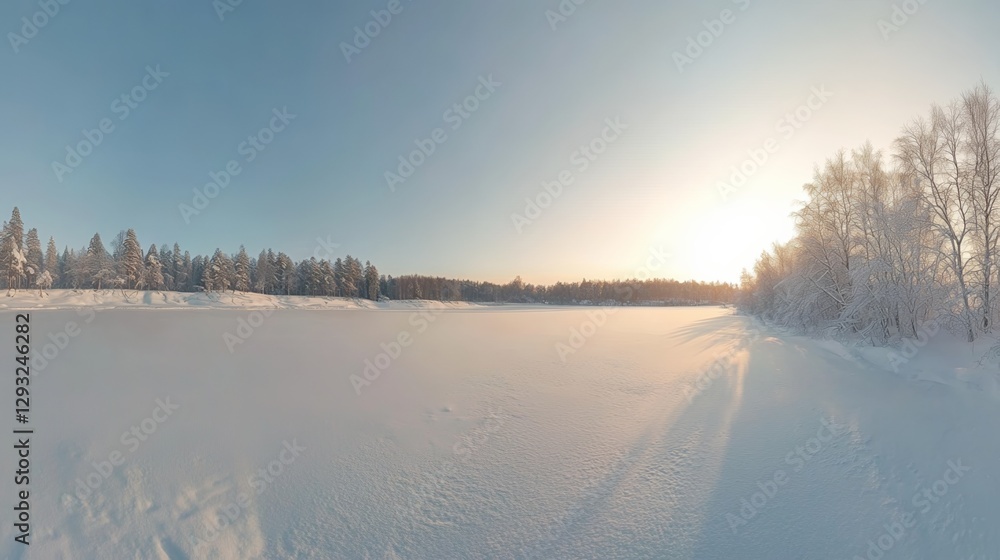 Snowy Lapland sunset with frozen trees, serene winter beauty in Saariselka. Snowy Lapland sunset with frozen trees, serene winter beauty in Saariselka.