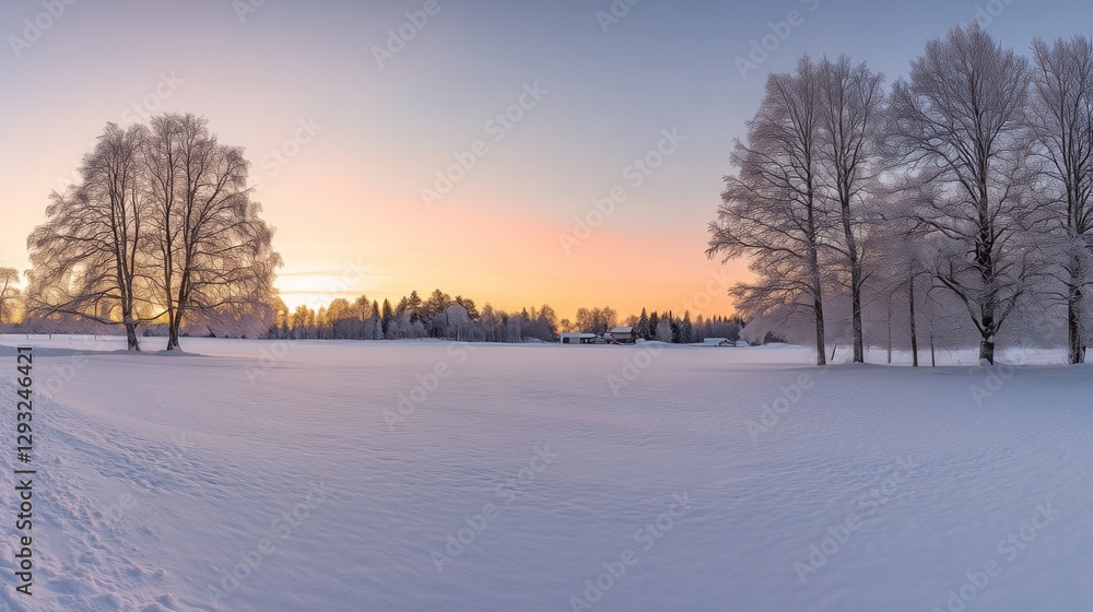 Snowy Lapland sunset with frozen trees, serene winter beauty in Saariselka. Snowy Lapland sunset with frozen trees, serene winter beauty in Saariselka.