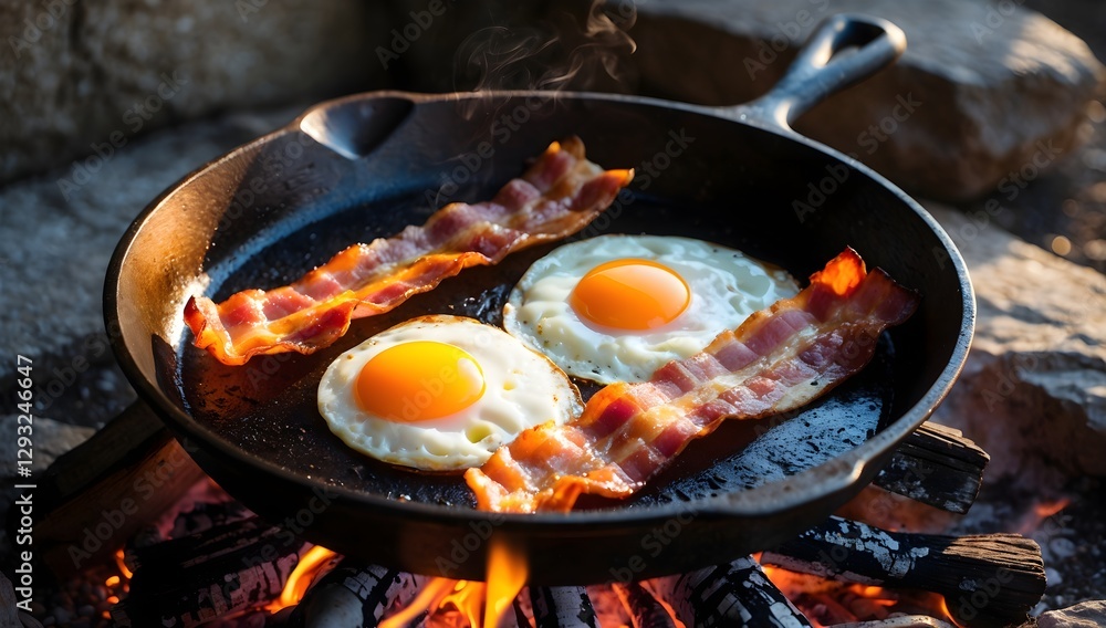 Cast Iron Pan With Sunny Side Up Eggs and Bacon Over Open Fire Cast Iron Pan With Sunny Side Up Eggs and Bacon Over Open Fire