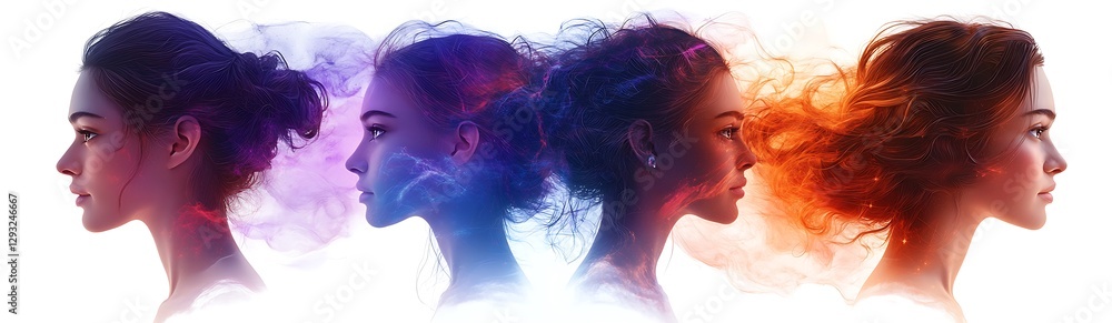 Naklejka premium Four Silhouetted Women with Flowing Hair in Vibrant Colors Against Dreamy Background