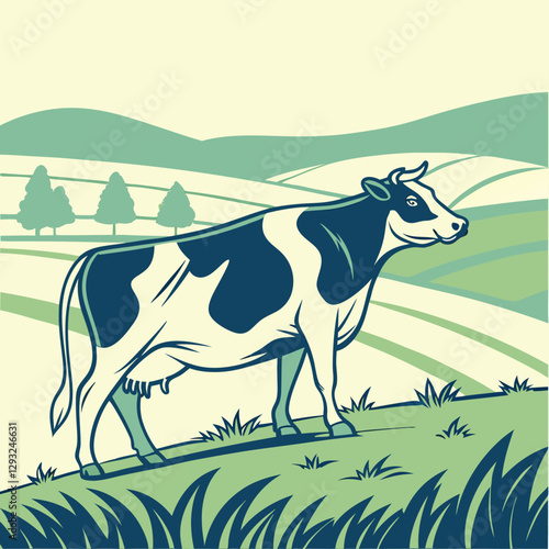 Cow on the Meadow – Peaceful Farm Animal Illustration in a Natural Setting

