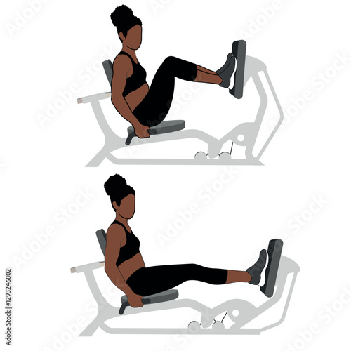 A Black African woman in black clothing doing leg press on leg press machine exercise. Flat vector illustration isolated on white background	