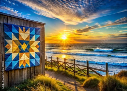 Panoramic Ocean Barn Quilt: Bold Blue Waves & Bright Sun