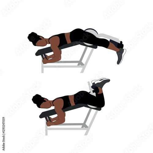 A Black African woman in black clothing doing lying leg curls on  leg curl machine exercise. Flat vector illustration isolated on white background	