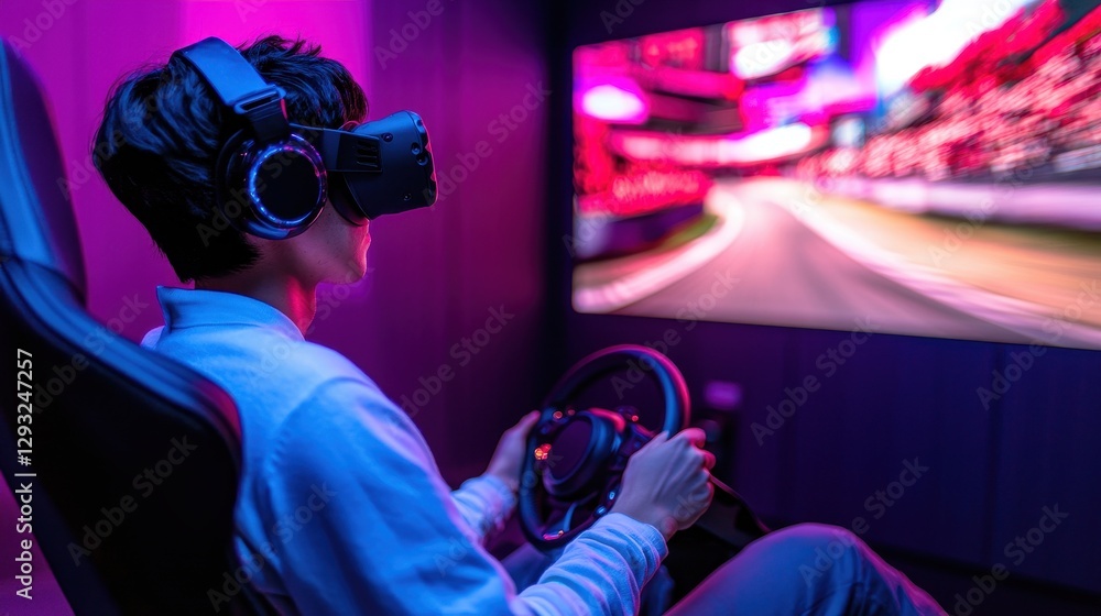 Young Man Enjoys Immersive Racing Experience Using VR Headset Young Man Enjoys Immersive Racing Experience Using VR Headset