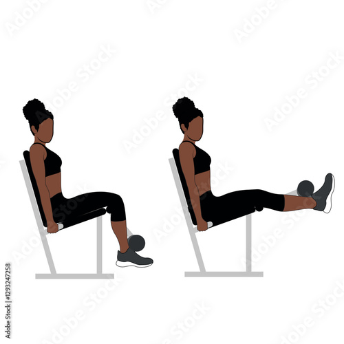 A Black African woman in black clothing doing leg extensions on leg extension machine exercise. Flat vector illustration isolated on white background	