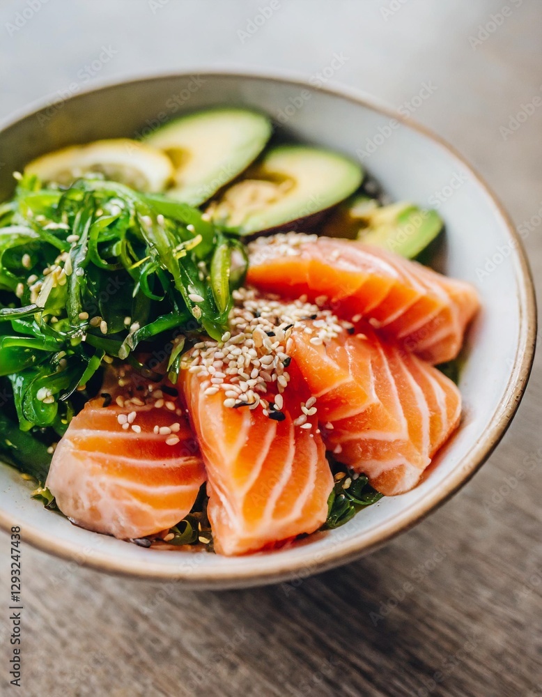 Salmon and Avocado Poke Bowl: Vibrant Top-View Dish with Sesame and Seaweed