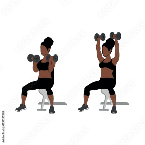 A Black African woman in black clothing doing shoulder press with dumbbells exercise. Flat vector illustration isolated on white background	