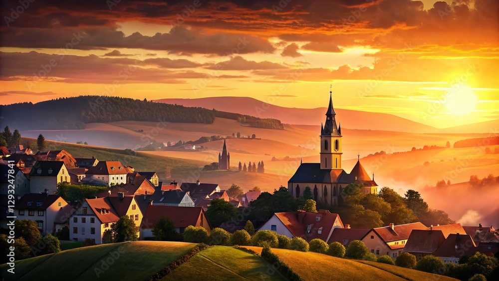 Obraz premium Panoramic Silhouette: Alsatian Village Wihr-au-Val at Sunset