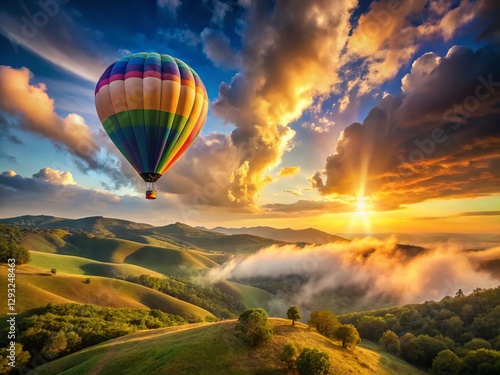 Panoramic Sunset: Rainbow Hot Air Balloon over Pastel Hills
