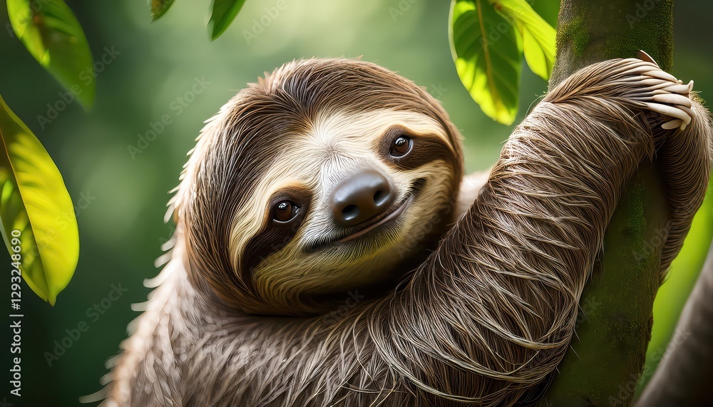 Naklejka premium Peaceful Sloth Resting Among Lush Tropical Greenery, Capturing the Serene Beauty of a Vibrant Rainforest Canopy