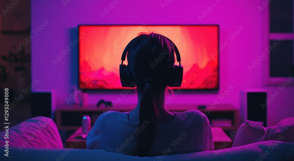 Naklejka premium Person Enjoying Video Game Experience with Colorful Ambient Lighting