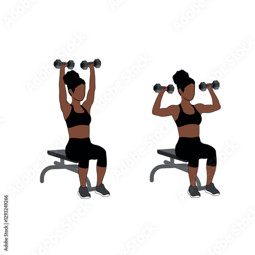 A Black African woman in black clothing doing shoulder press exercise using dumbbell. Flat vector illustration isolated on white background	