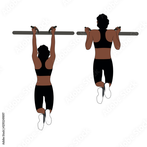 A Black African woman in black clothing doing chin ups exercise. Flat vector illustration isolated on white background.