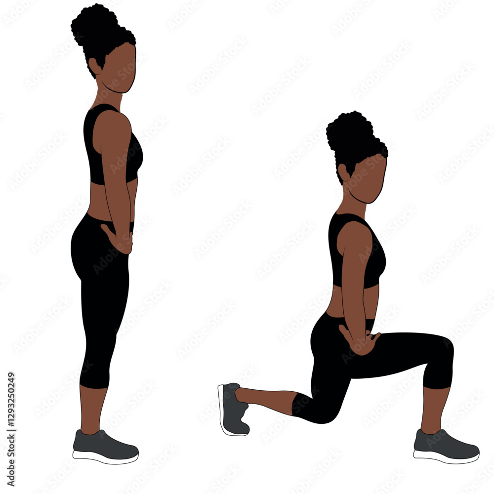 A Black African woman in black clothing doing bodyweight lunges exercise. Flat vector illustration isolated on white background. A Black African woman in black clothing doing bodyweight lunges exercise. Flat vector illustration isolated on white background.