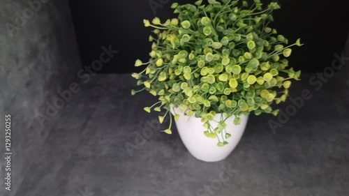 Green and yellowish flowers are in a white vase on a slightly dark background