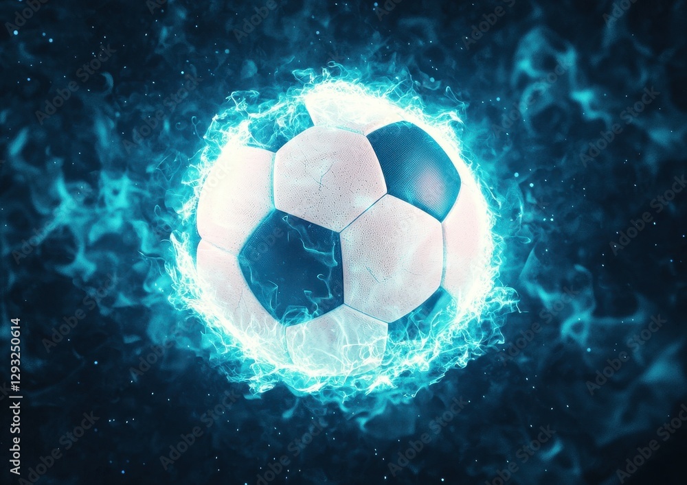 Fototapeta premium Electrifying Soccer Ball Glowing in Blue Flames and Mystical Smoke