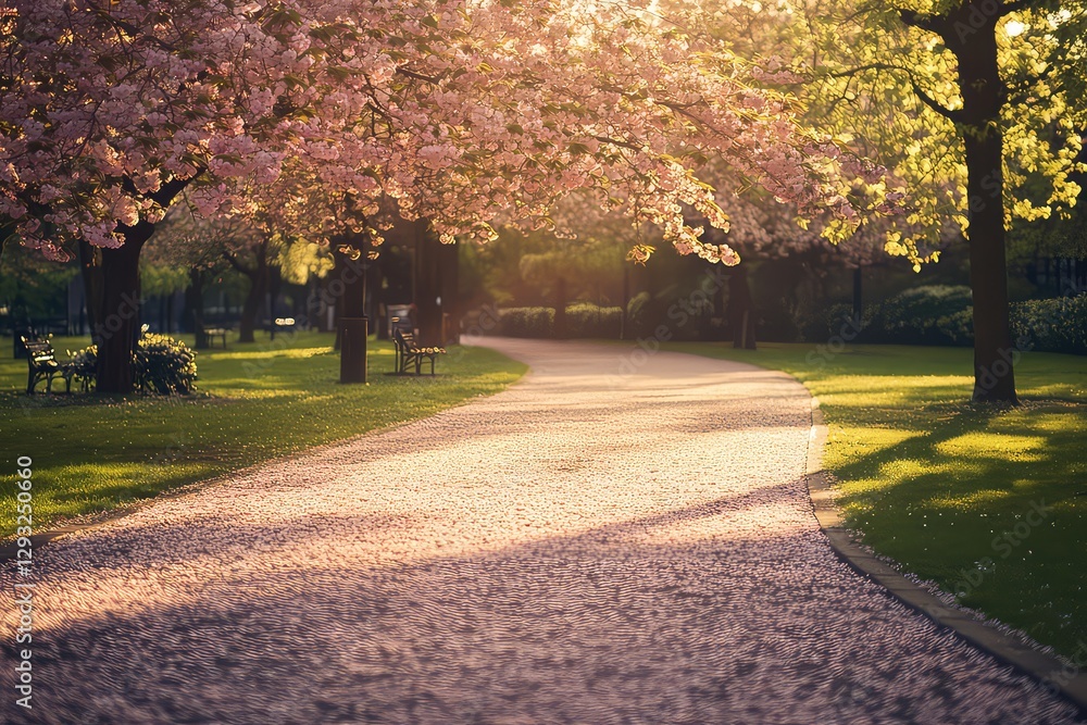 A picturesque view of a serene park with a pathway covered in delicate cherry blossom petals, bathed in warm golden light. A picturesque view of a serene park with a pathway covered in delicate cherry blossom petals, bathed in warm golden light.